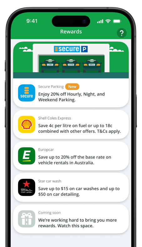 iphone displaying three rewards partners - Shell Express, Europcar and Star Car Wash