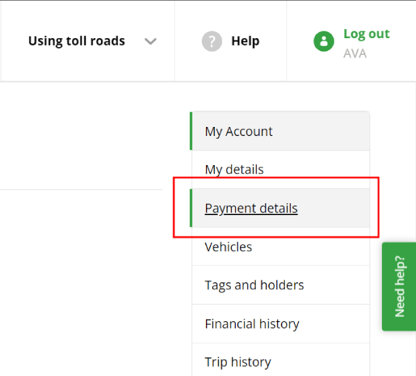 menu interface selecting payment details