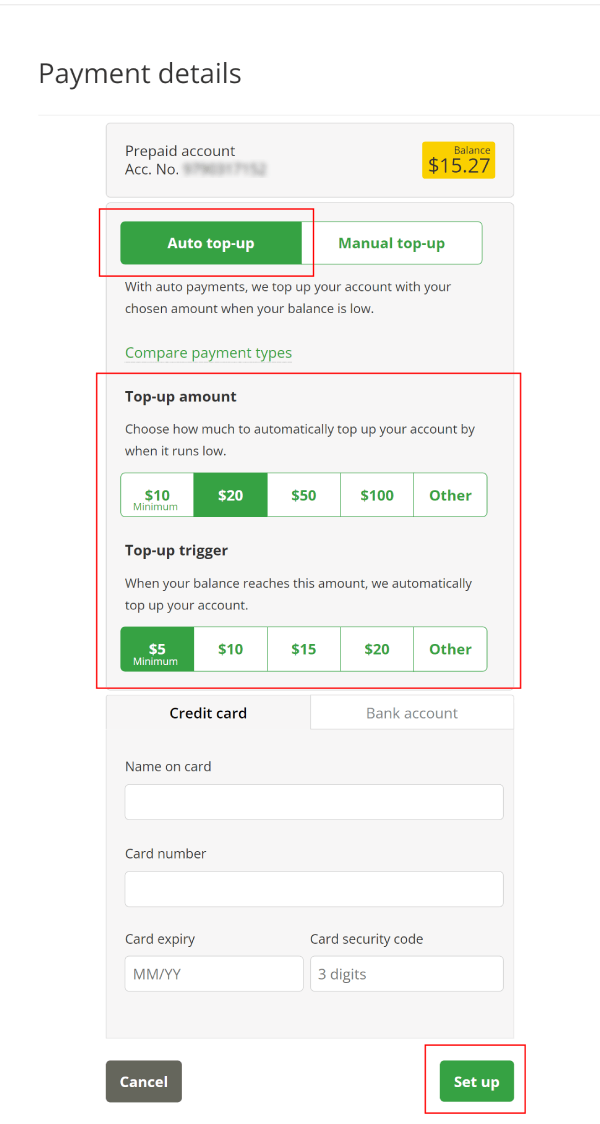 menu interface for auto payment det-up