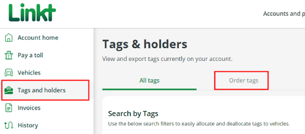Menu expanded showing Tags and holders highlighted