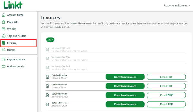 Showing the Invoices screen in the Commercial Linkt Account portal, with Invoices highlighted