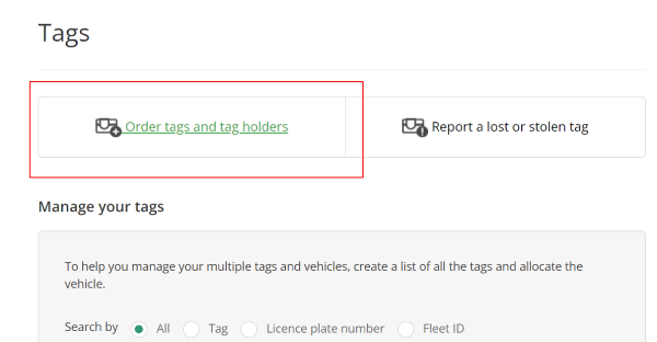 Tags & holders screen, Order tags tab