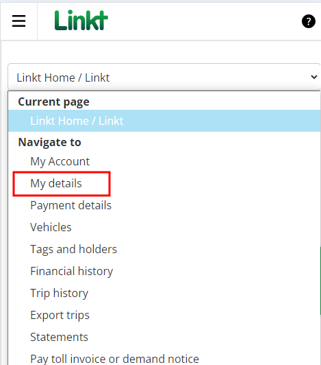 Profile menu expanded and my My details highlighted