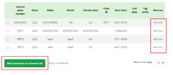 How to remove vehicles from list