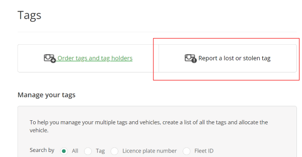My Account menu, Tags and holders screen, Report a lost tag tab