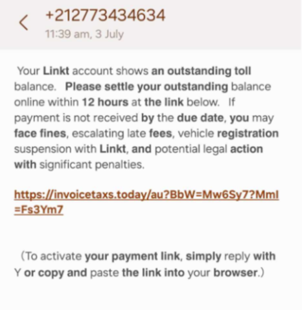 Display of a fake email showing a warning to make a toll payment that is a scam