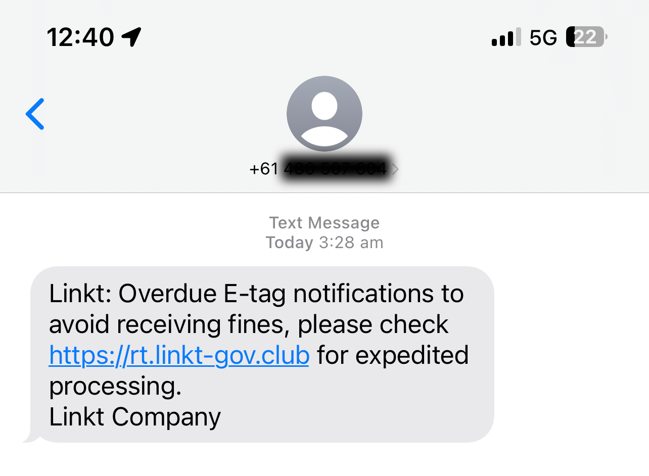 text message saying Linkt: Overdue E-tag notifications to avoid receiving fines. Using an Un Authorised Linkt-gov-club URL to visit in order to expedite the process and advising it's from an Linkt company, which is incorrect.