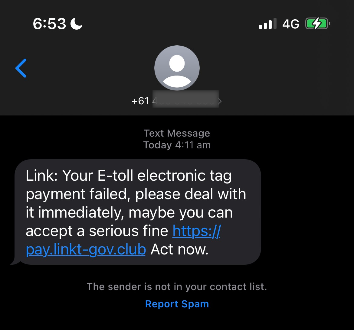 text message saying E-toll electronic tag payment has failed but using a url that linkt does not authorise and using the Act Now call to action