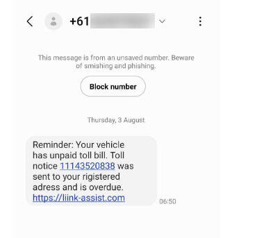 text messaging about an unpaid toll using a linkt assist URL that is not authorised and an incorrect spelling
