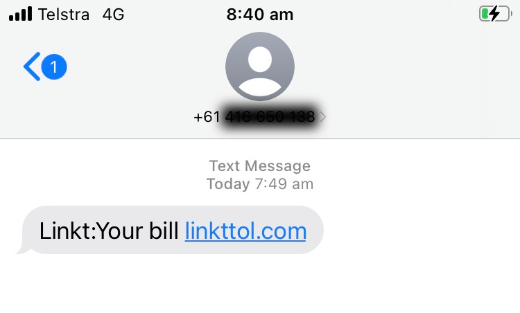 text message saying Linkt: Your bill and leading to an unauthorised Linkttol URL