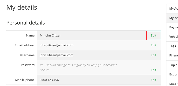 Account details screen