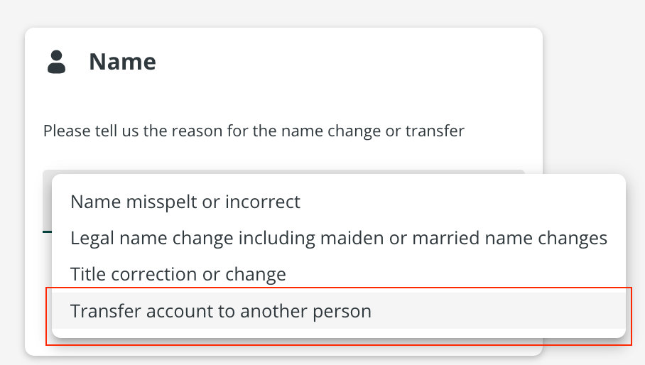 My Account transfer account drop down menu