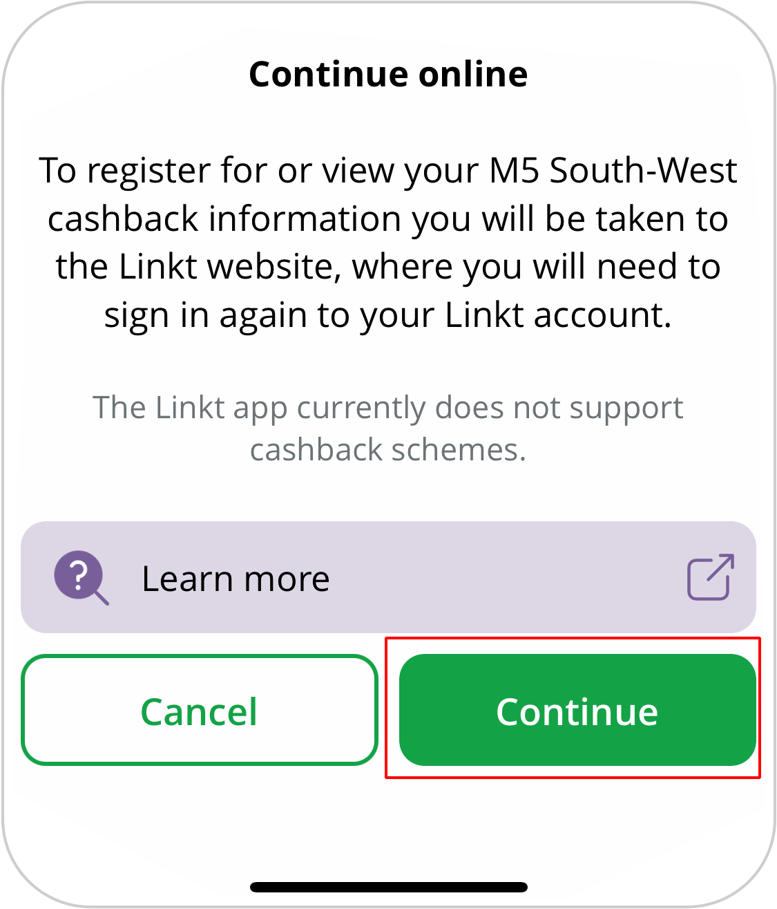 Cashback screen for app