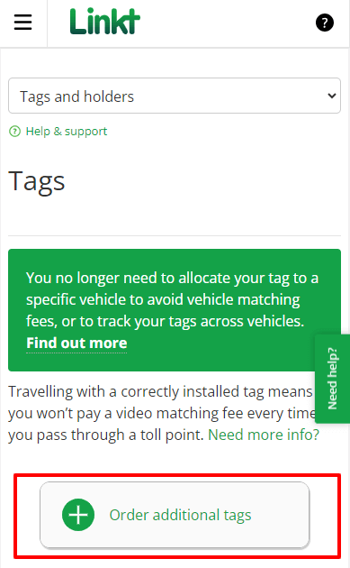Tags and holders screen with the Order additional tags button highlighted