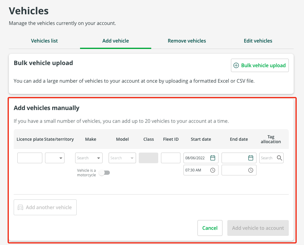 Add vehicle screen