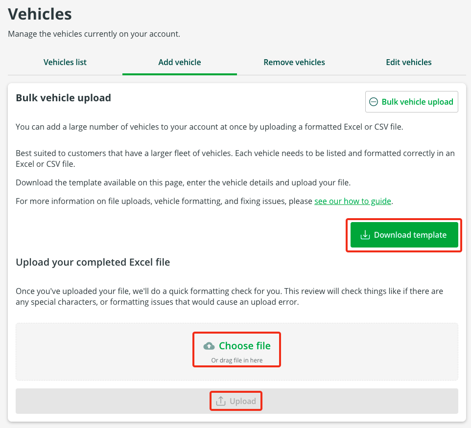 Bulk vehicle upload template