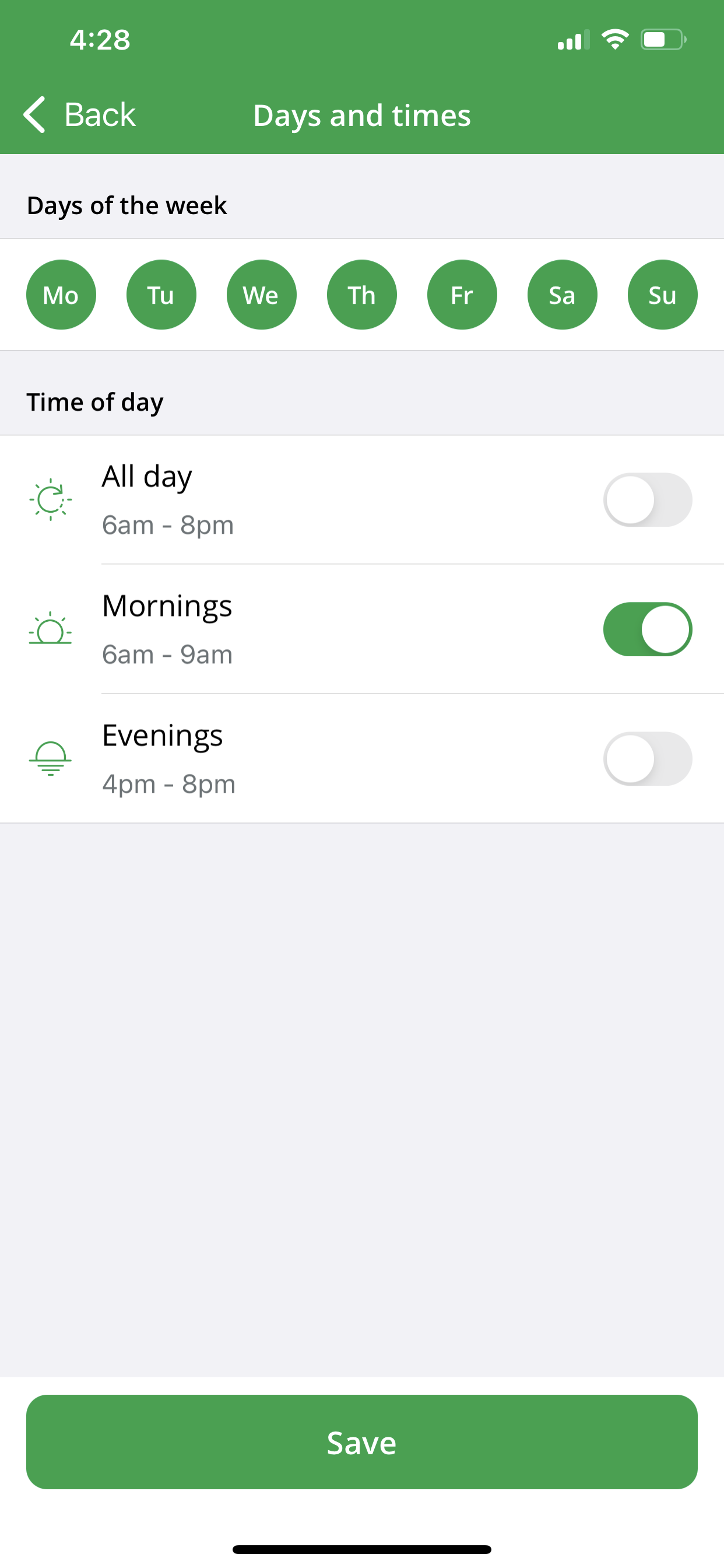 Day and times screen on Linkt app
