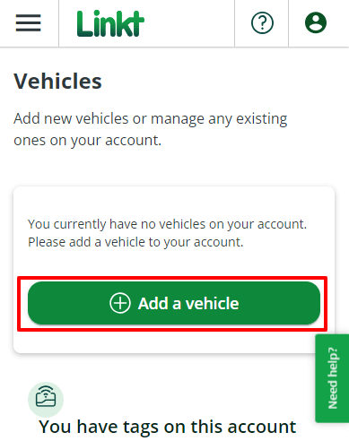 Vehicles screen with Add a vehicle button highlighted