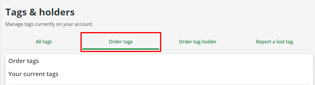 Tags & holders screen, Order tags tab