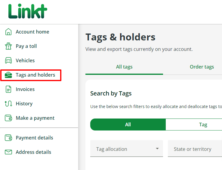 My Account menu, Tags and holders highlighted