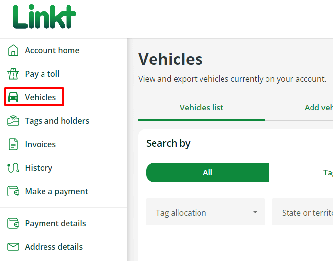 My Account menu, Vehicles highlighted