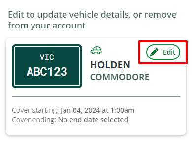 Example of vehicle in My Account portal, with Edit button highlighted