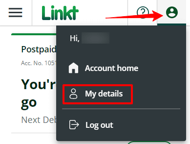 Profile menu expanded with My details button highlighted