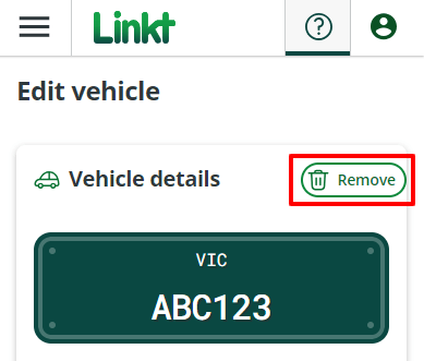 Example of vehicle in My Account portal, with Remove button highlighted