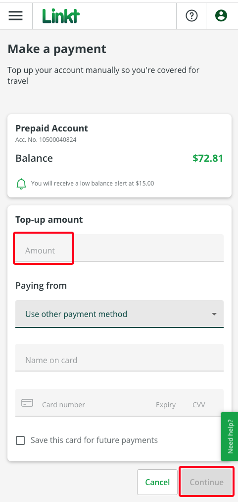 Make a payment with Amount field highlighted