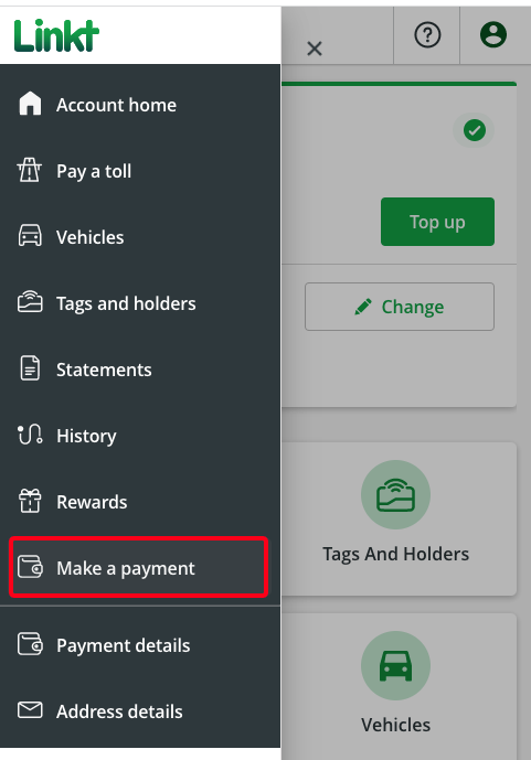 My Account menu with Make a payment highlighted