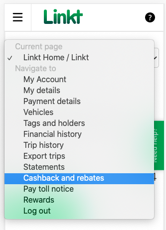 My Account menu, Cashback and rebates highlighted