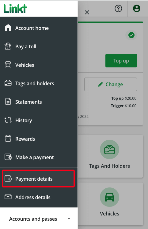 Screenshot of the Linkt Account portal, showing the menu opened and Payment details highlighted