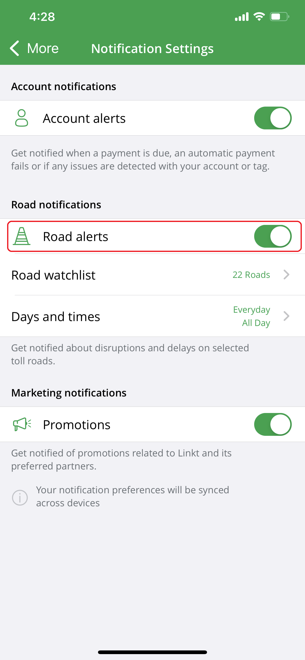 Road alerts toggle