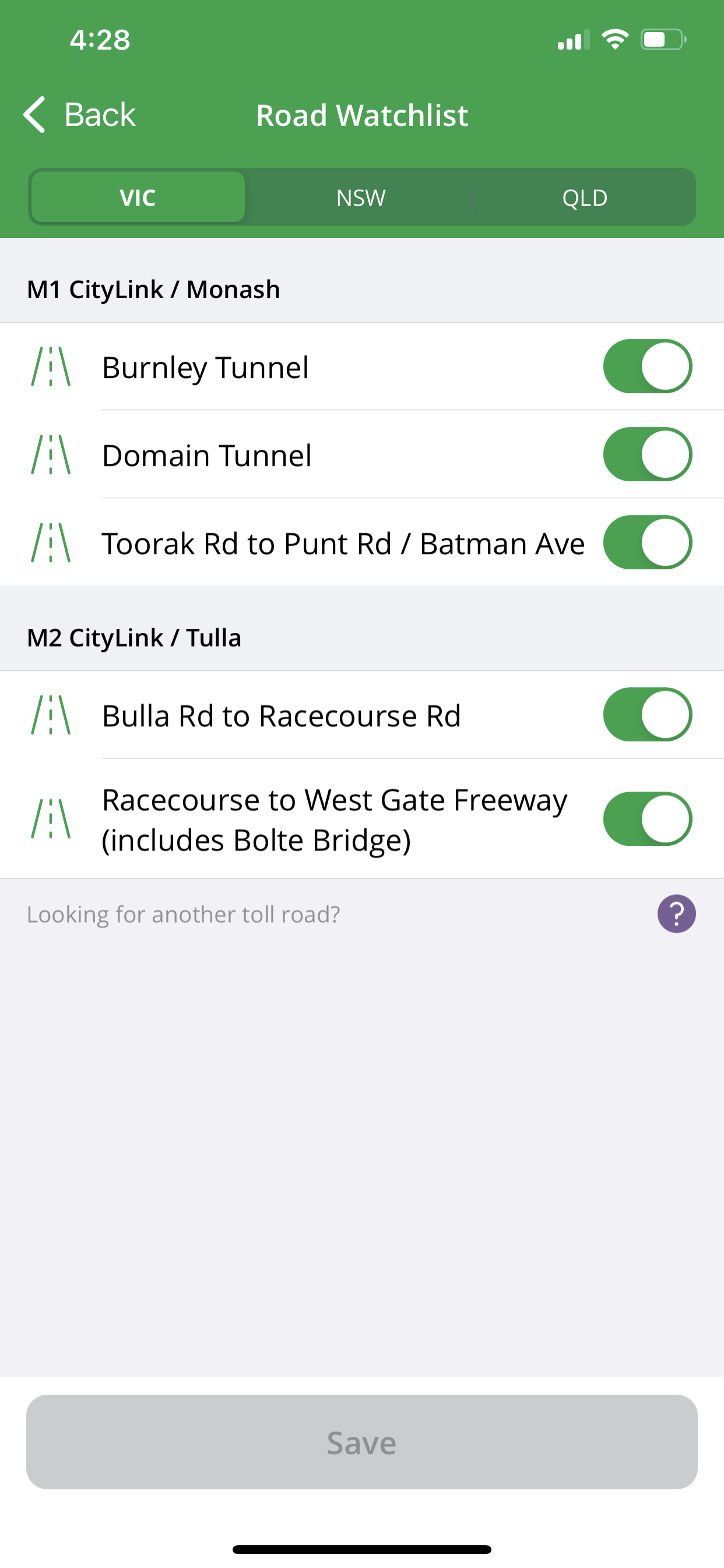 Roads watchlist screen on Linkt app