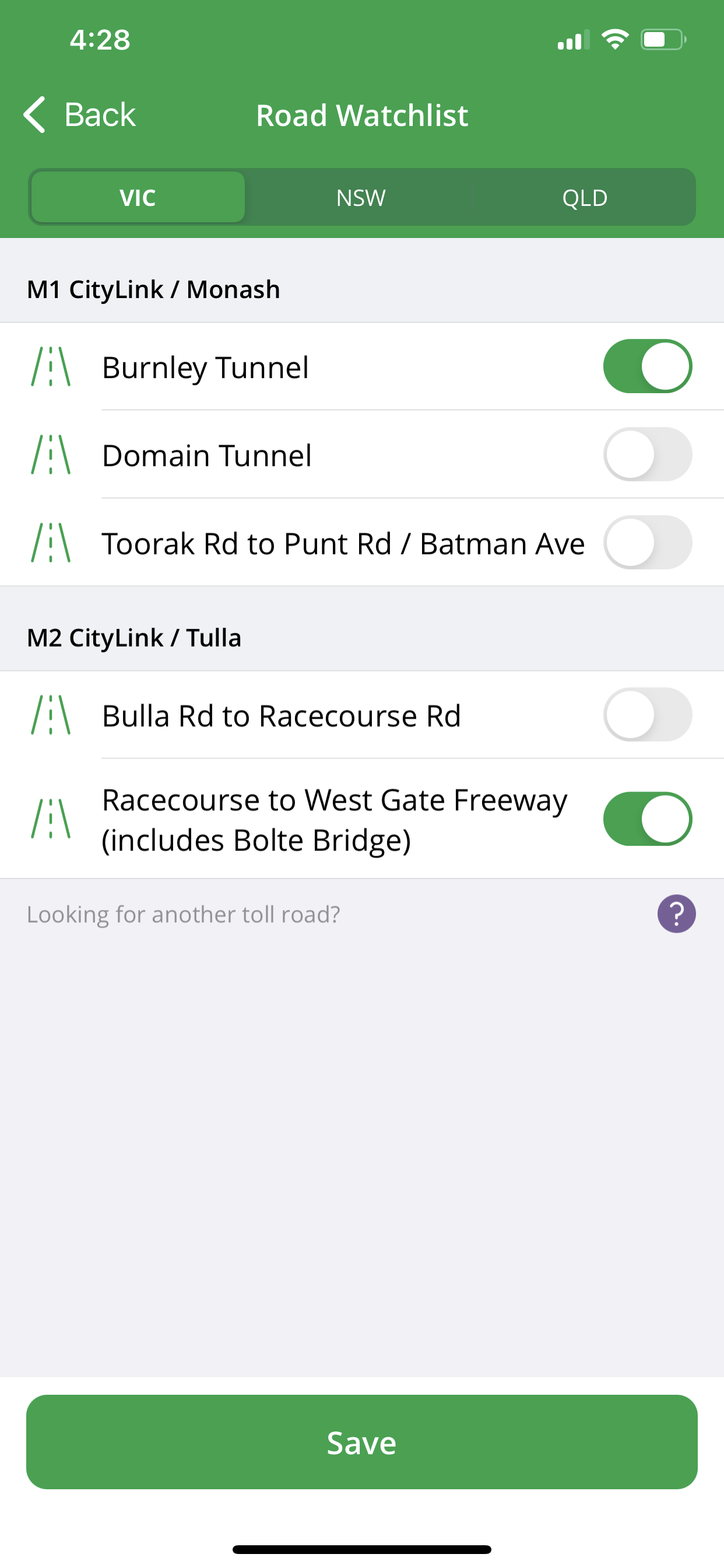 Roads watchlist screen on Linkt app