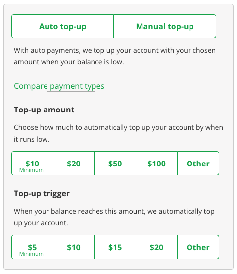Auto top-up tab