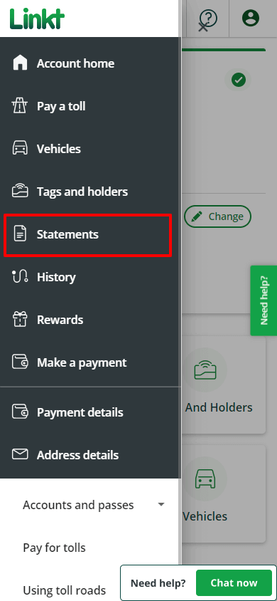Screenshot of the Linkt Account portal, showing the menu opened and Statements highlighted