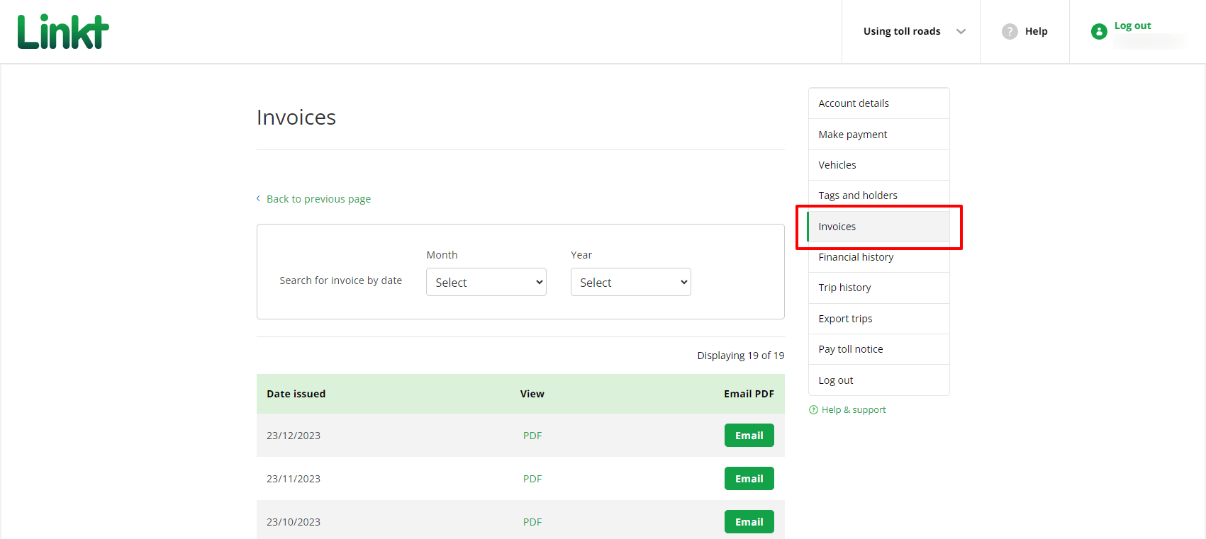 Showing the Invoices screen in the Commercial Linkt Account portal, with Invoices highlighted