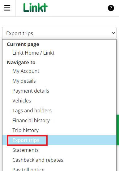 Screenshot of the Linkt Account portal, showing the menu