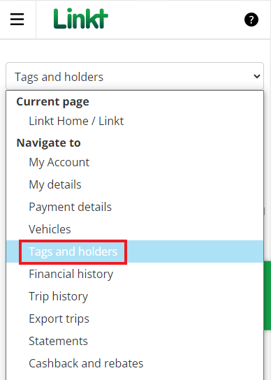 Screenshot of the Linkt Account portal, showing the menu opened and Tags and holders highlighted