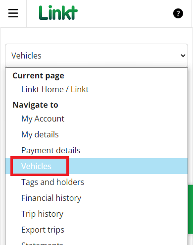 Screenshot of the Linkt Account portal, showing the menu opened and Vehicles highlighted