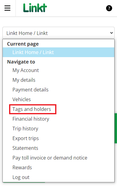 Screenshot of the Linkt Account portal, showing the menu opened and Tags and holders highlighted