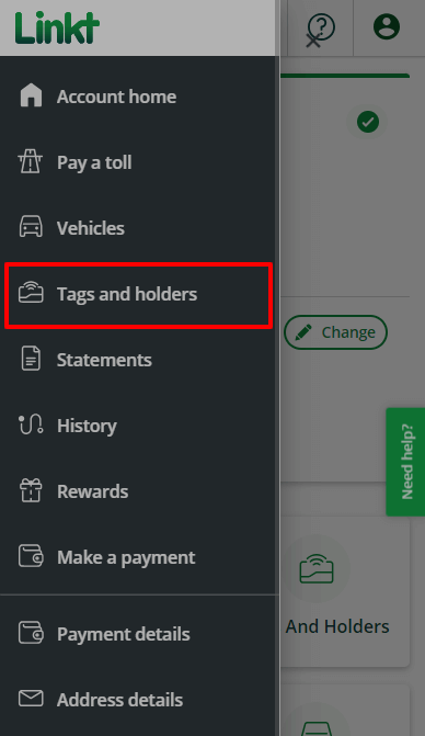 My Account menu expanded with Tags and holders highlighted