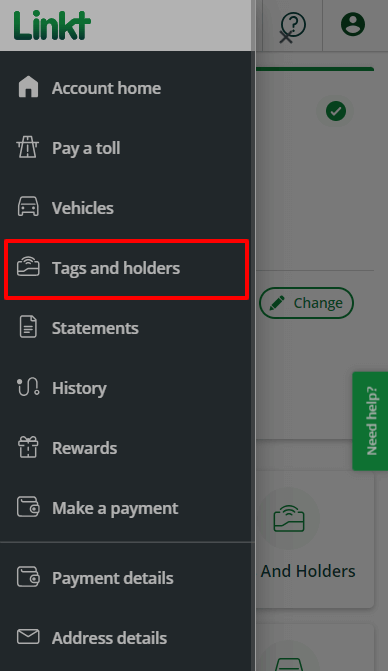 Screenshot of the Linkt Account portal, showing the menu opened and Tags and holders highlighted