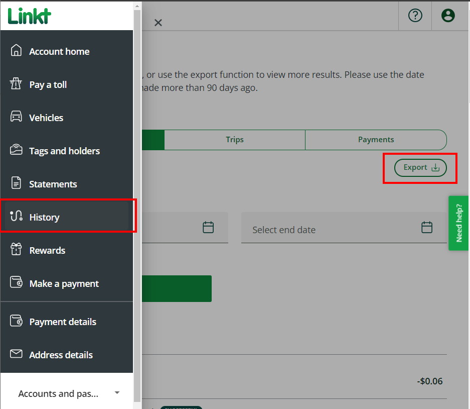 Screenshot of the Linkt Account portal, export history