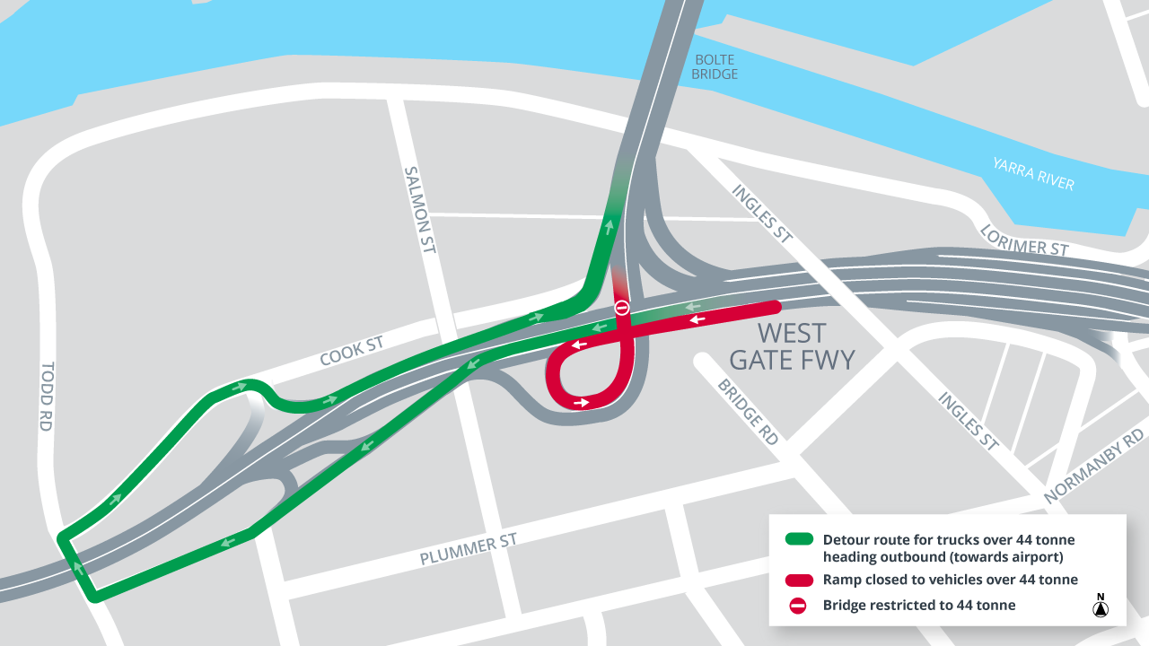 Detour map: West Gate Freeway on ramp to Bolte Bridge outbound