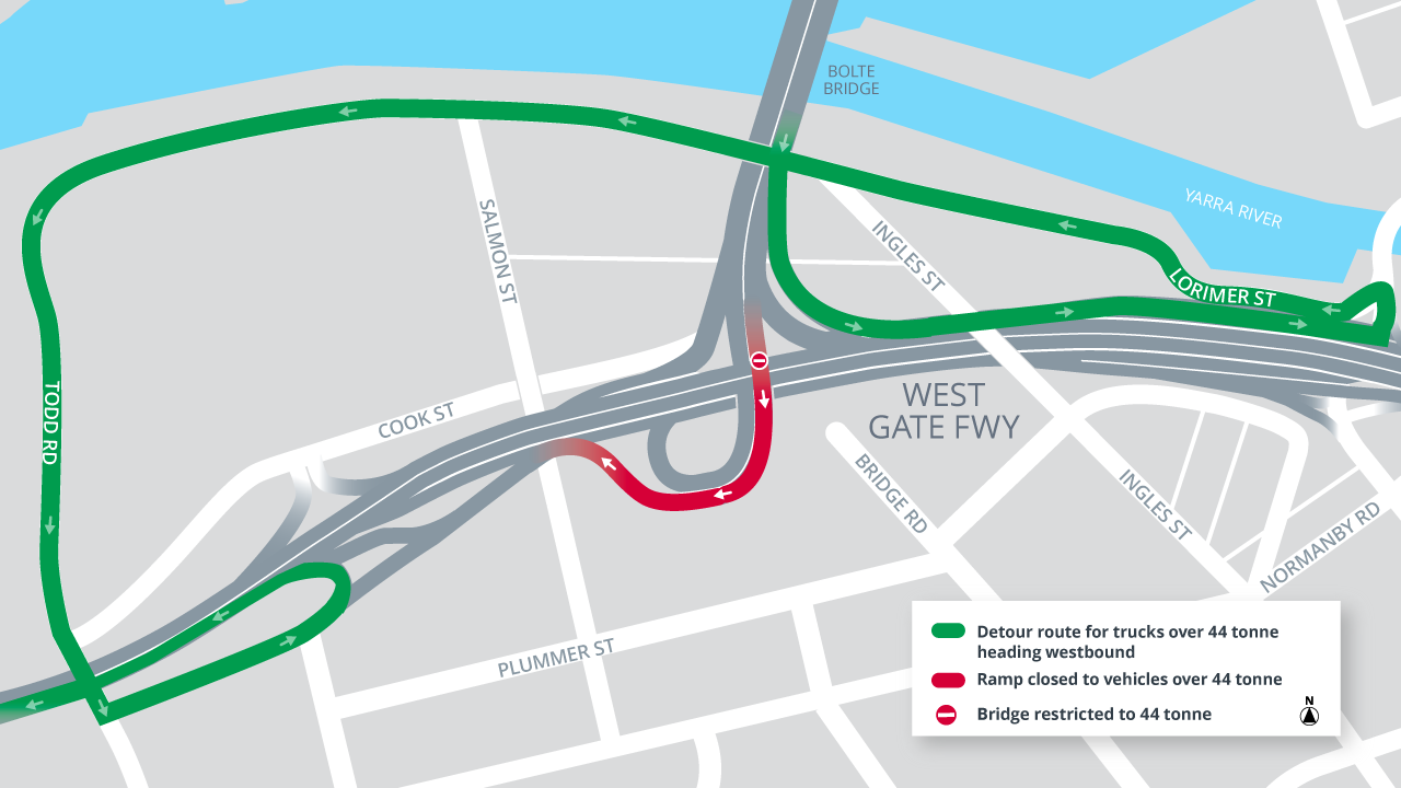 Detour Map: Bolte Bridge to West Gate Freeway westbound