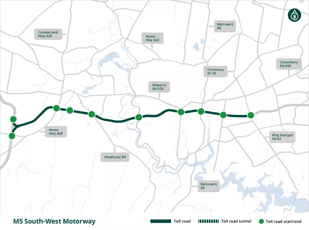 Map of the M5 South-West toll road. All toll entry and exit points in below tables