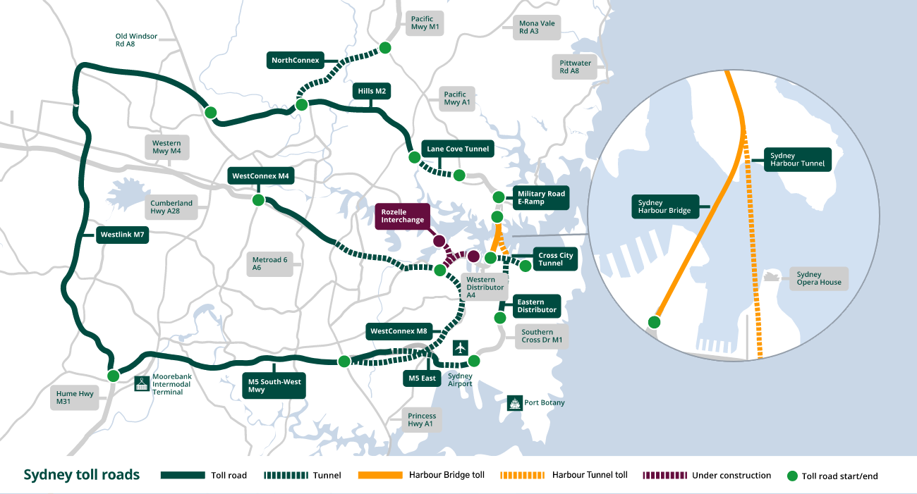 Map showing all the toll roads around Sydney including the entry and exits points