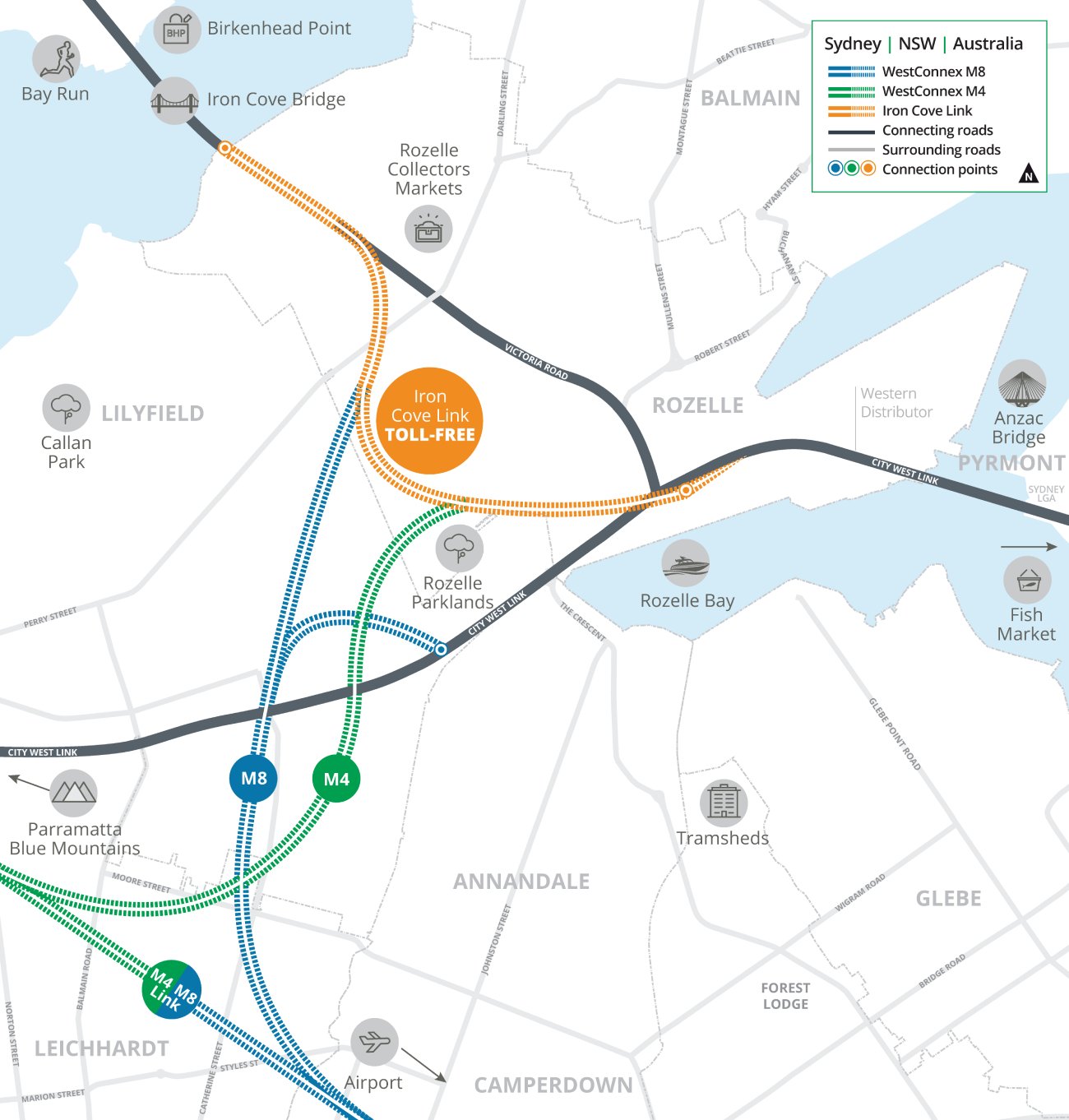 An aerial view map of the Rozelle Interchange across Sydney